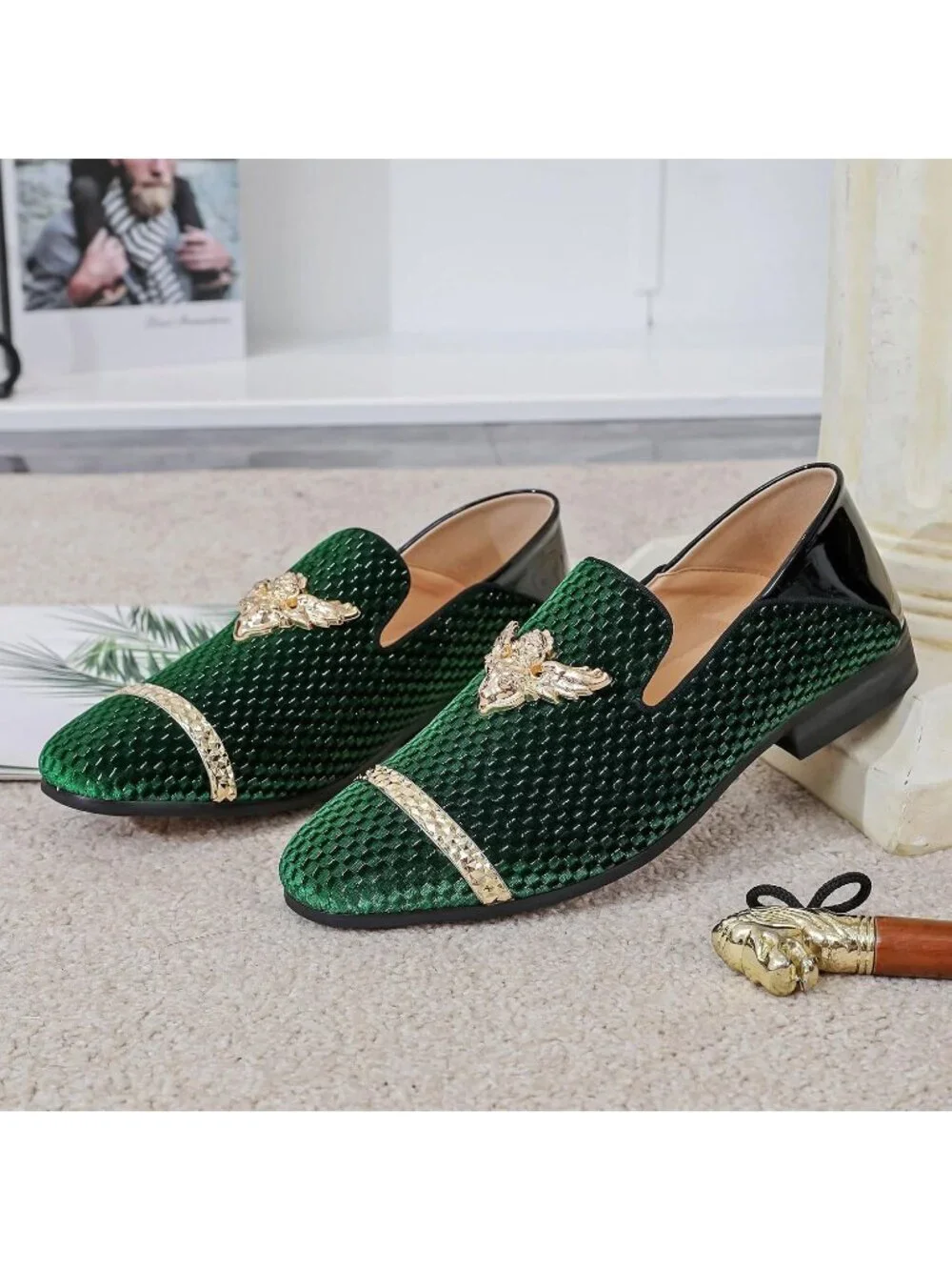 FQEQNQG Men's Green Velvet Loafers Metal Buckle Shiny Slip On Classic Shoes